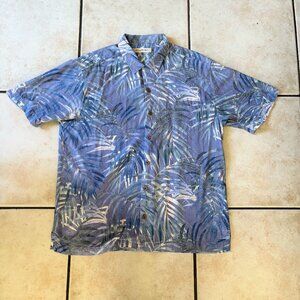 Tommy Bahama 100% Silk Mens Large Shirt Blue Palm Leaf Aloha Button Front
